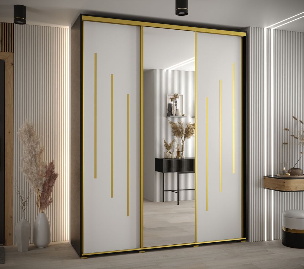 Kleiderschrank ASIRI 9 – 200/60 cm, schwarz/weiß/gold