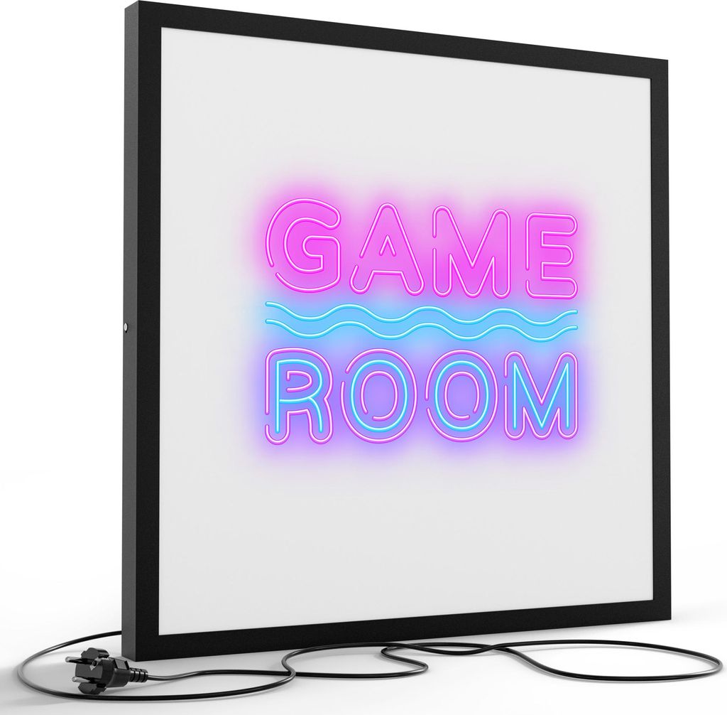 DEQORI LED-Bild & Lampe 60x60 cm Schwarz 'Neon Game Room' Leuchtbild LED Wandbild Leuchte