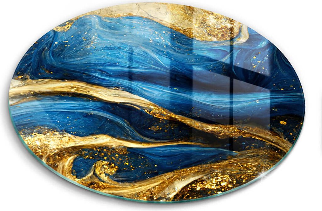 Glasschneideplatte - Herdabdeckplatte - fi40 cm -Schneidebrett - Spritzschutz - Blau-Gold-Marmor