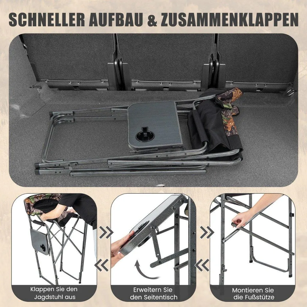 Chaise de chasse haute pliable 150kg robuste avec table latérale G-20