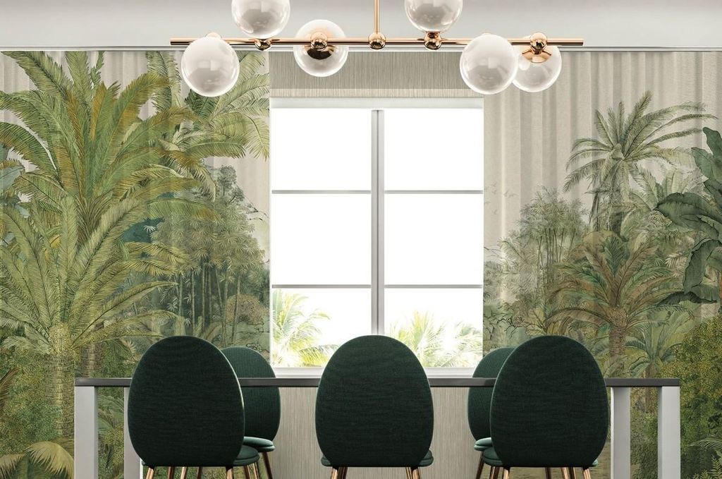 Casa Padrino Luxus Vorhang Set Palmen Landschaft Creme / Grün 250 x H. 290 cm - Bedruckte Leinen & Samt Vorhänge - Ösenvorhänge - Schiebevorhä...