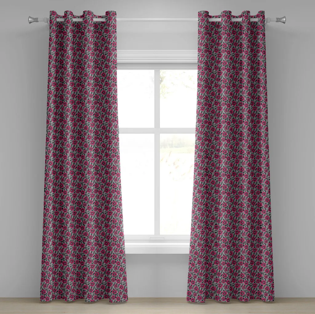 Rideau à œillets ABAKUHAUS Luau Hibiscus 280x245 cm Rose Noir et Blanc
