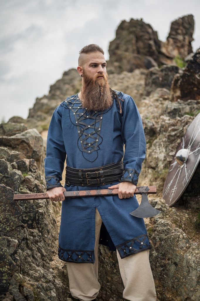 Wikinger Tunika mit Echtleder Applikationen - Dunkelblau XL