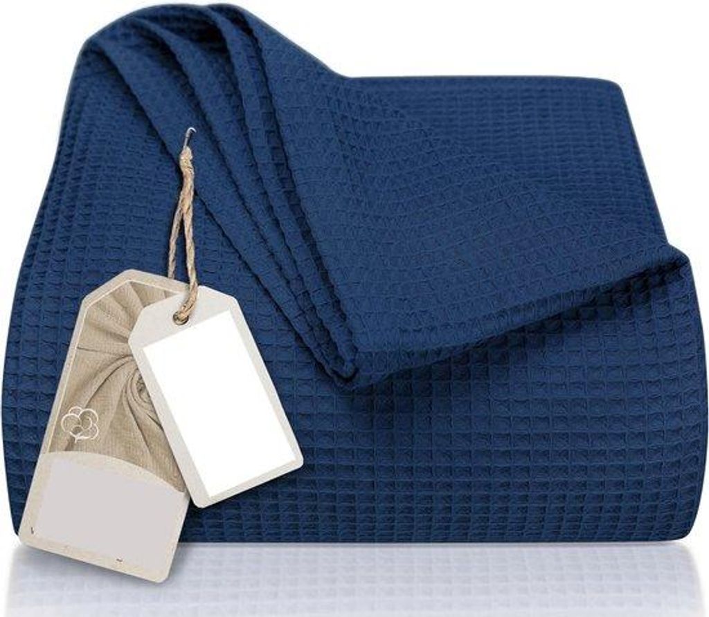 Famanu Sprei 220 x 240 cm XXL - Waffelpique 100% Baumwolle - Leichte Sommerdecke - Baumwolldecke für Bett und Sofa - Luftig (Blau)