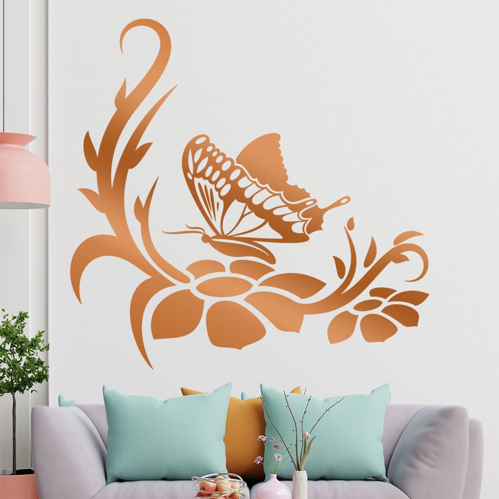 Großer Falter Blüten Wandtattoo in 6 Größen - Wandaufkleber Wall Sticker - Dekoration, Küche, Wohnzimmer, Schlafzimmer, Badezimmer