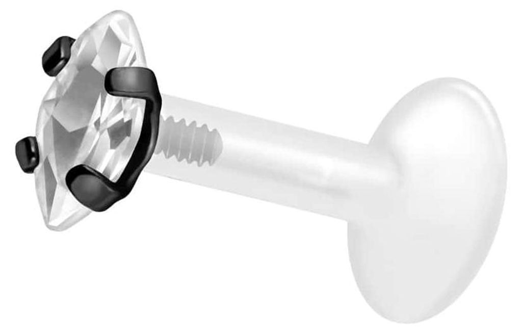 Ohrpiercing, Nasenpiercing PTFE Labret mit Innengewinde + Titan-Aufsatz EINGEFASSTER KRISTALLTROPFEN Schwarz Stablänge: 7mm | Stabstärke: 1,6mm |...