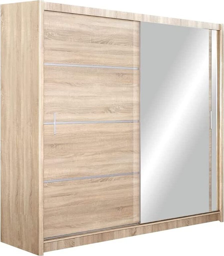 Kleiderschrank Vista mit Spiegel 203 cm, Schwebetürenschrank, Garderobeschrank Schlafzimmer; Wohnzimmerschrank; Korpus Schrank Farbe: Sonoma; Farb...