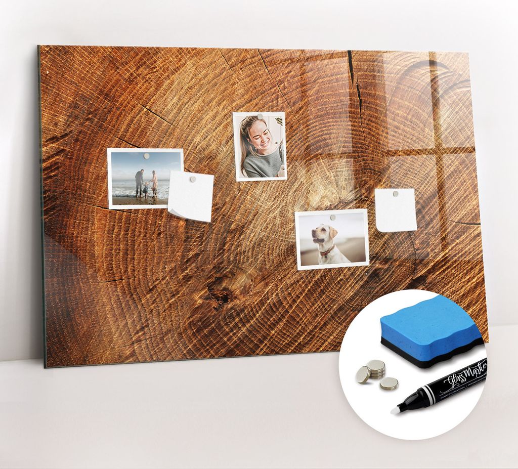 Magnetpinnwand Memoboard - Zubehörsatz - Weißer Marker + Schwamm + Magnete - 90 x 60 cm - Alter Baumstamm
