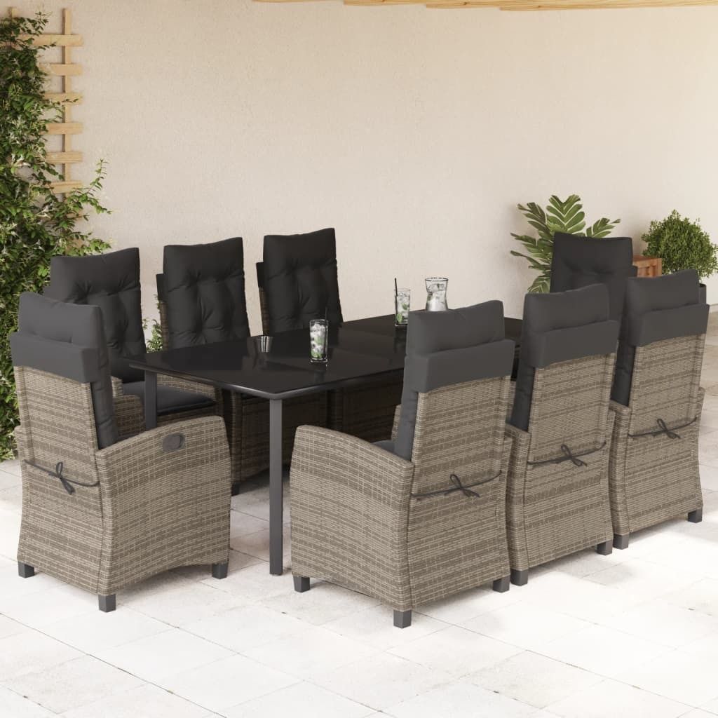 Maison Exclusive - 9-tlg. Garten-Essgruppe mit Kissen Grau Poly Rattan