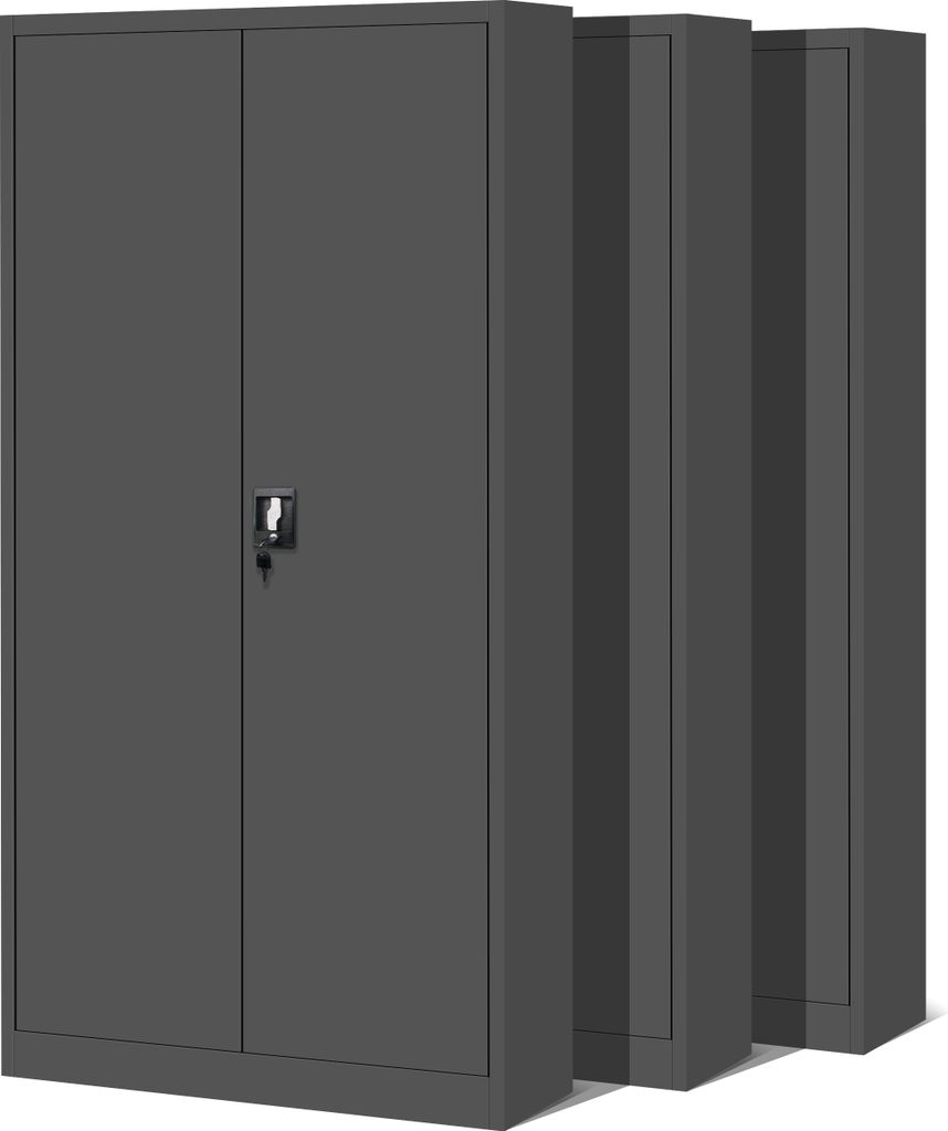 Three grey metal cabinets are lined up side-by-side, with the front cabinet being the most prominent.