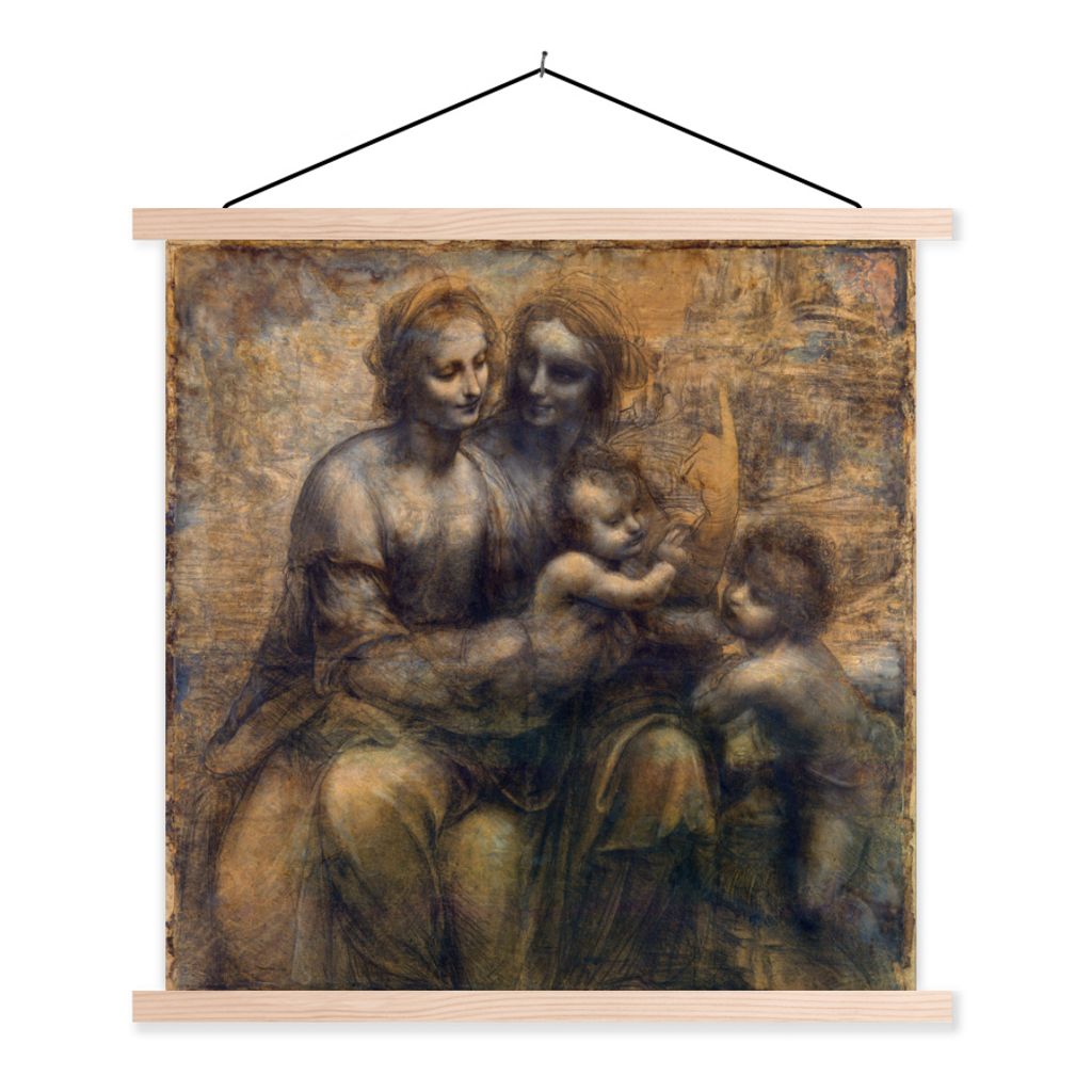 MuchoWow Textilposter Maria mit Kind und die Heilige Anna - Leonardo da Vinci 60x60 cm mit holzfarbenen Rahmen - Wanddekoration