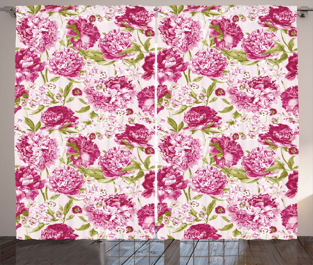 ABAKUHAUS Blume Rustikaler Vorhang, Pfingstrosen und Blattblumen, Wohnzimmer Universalband Gardinen mit Schlaufen und Haken, 280 x 175 cm, Olivengr...