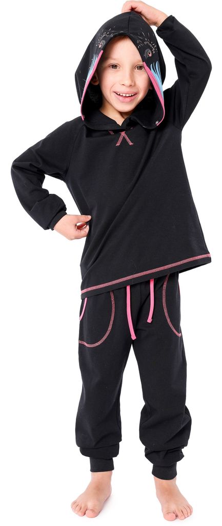 Ladeheid Kinder Mädchen Jungen Langarm Schlafanzug aus Baumwolle Tierkostüm Pyjama bunt mit Tiermotiv Verkleidung mit Kapuze LA40-236 (Schwarz Pa...