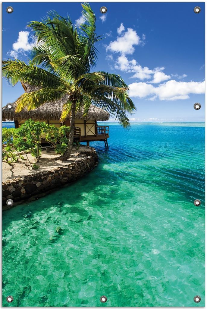 Wallario Outdoor-Poster für Garten oder Balkon, Motiv Karibisches Meer Einsame Hütte unter Palmen, in ca. 80 x 120 cm