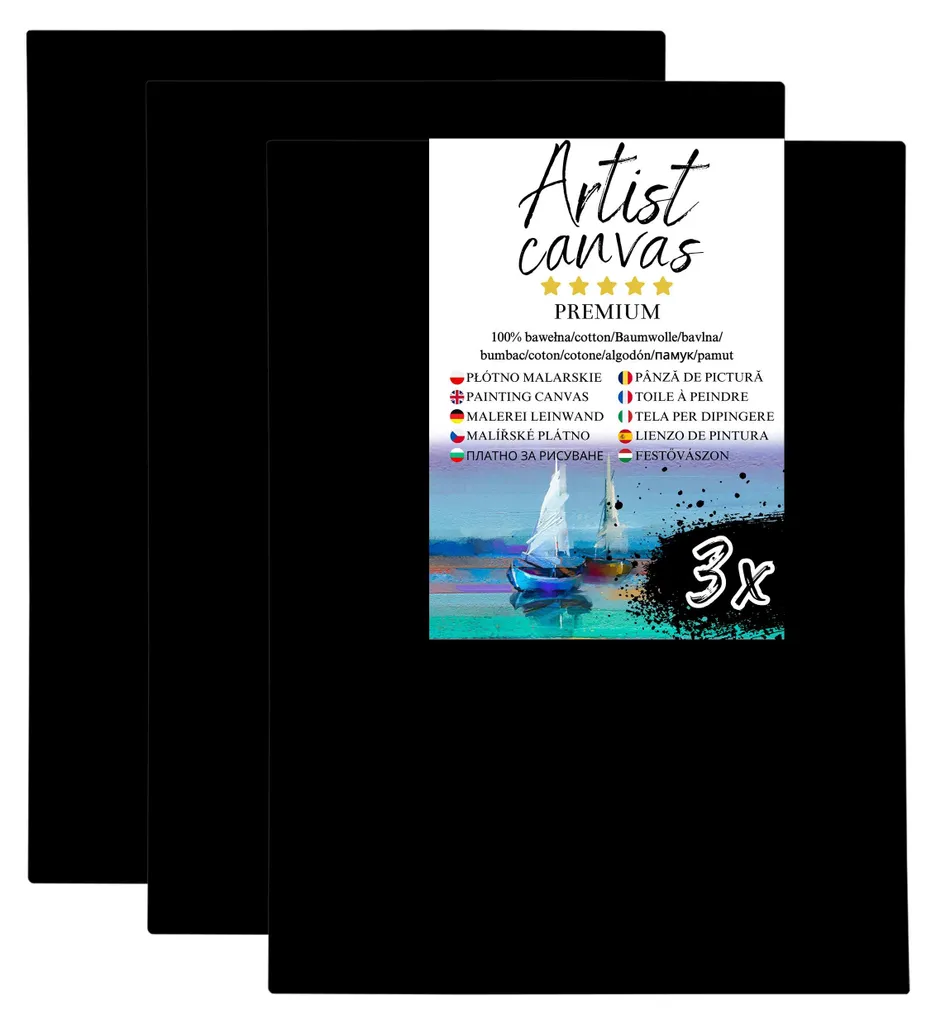 3 Tele su Telaio Fondo Nero 40x60 cm | Cotone Premium per Artisti