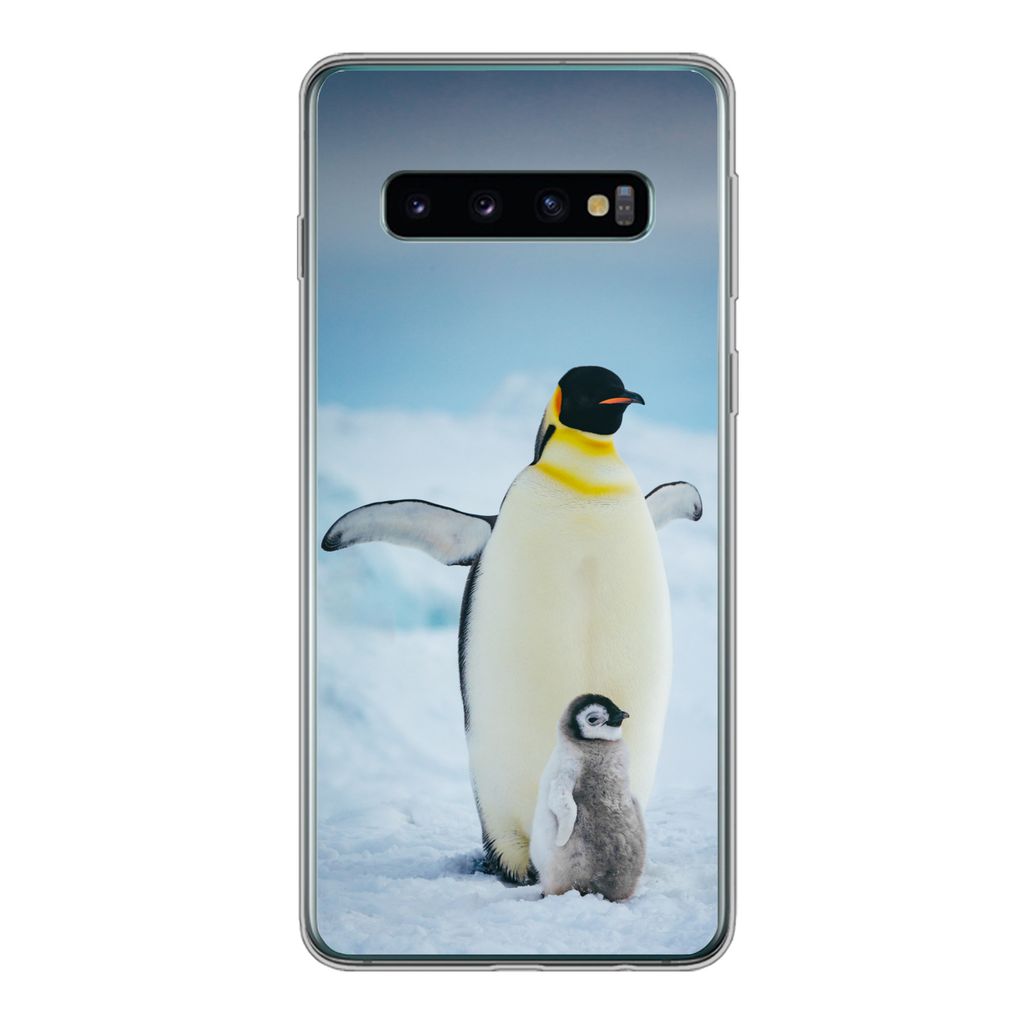 MuchoWow Handyhülle Schutzhülle Hülle für Samsung Galaxy S10 Kaiserpinguin mit Jungen Silikon Softcase Handy Hülle - Handytasche