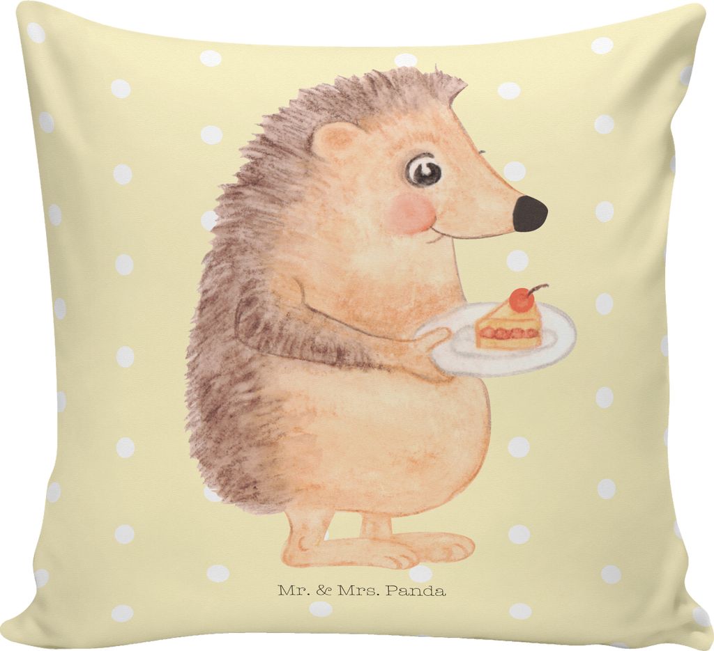 Mr. & Mrs. Panda zier kissen Igel Kuchenstück - Gelb Pastell - Geschenk, Kuschel, Tiermotive, Kuchen, Backen, Deko, 40x40, Sofakissen, Polster, Ge...