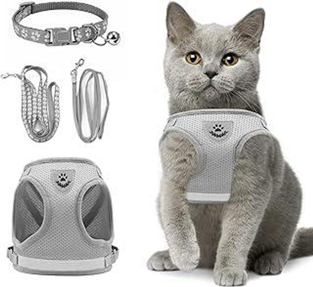 Verstellbares Katzengeschirr Ausbruchsicher, Verstellbares Katzen Geschirr Mit Leine, Weichem Innenfutter Und Atmungsaktivem Mesh, Reflektierend Ge...