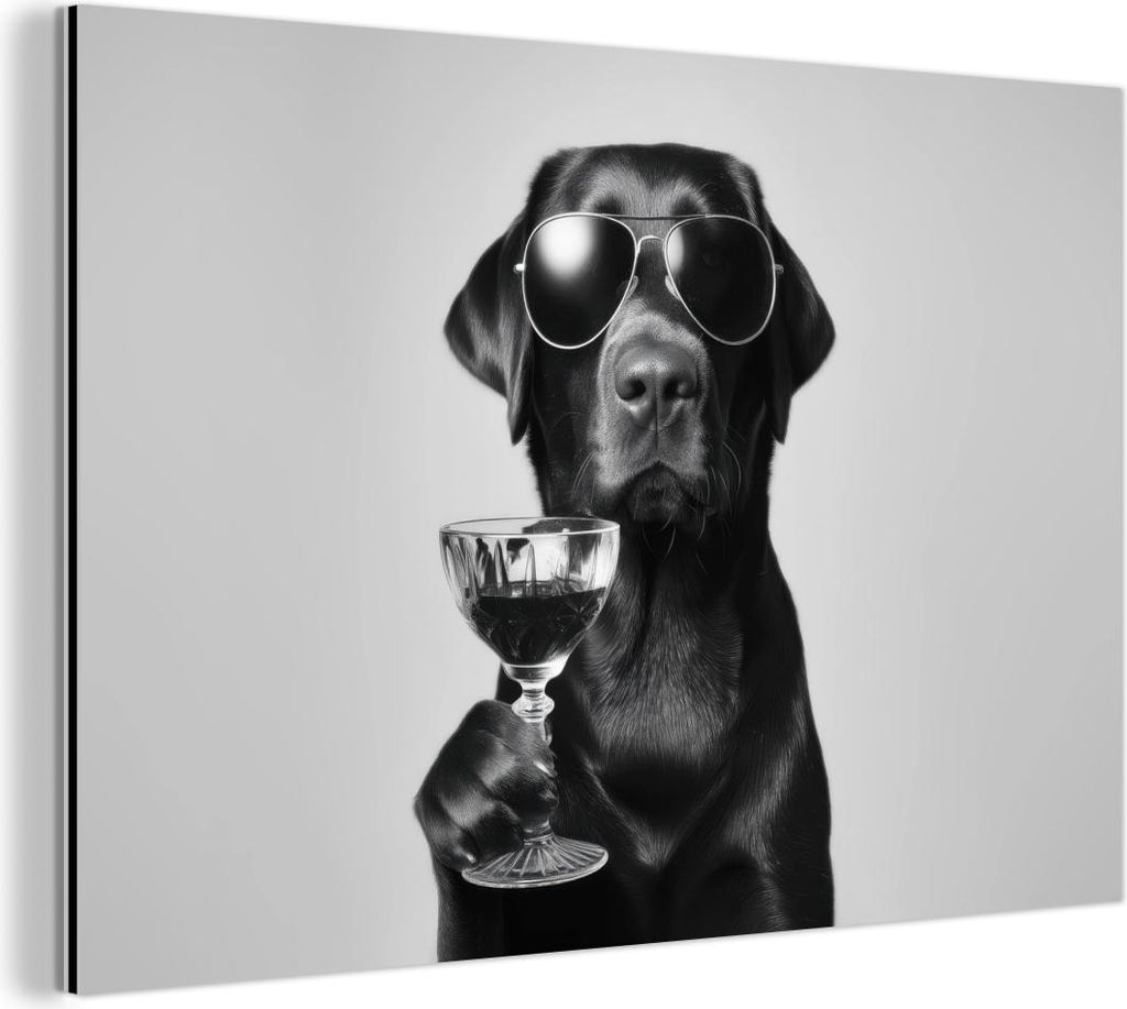 MuchoWow Wanddekoration Metall Metallbild Wandkunst 60x40 cm Hund - Schwarz - Weinglas - Sonnenbrille MuchoWow Aluminium Gemälde - Gemälder