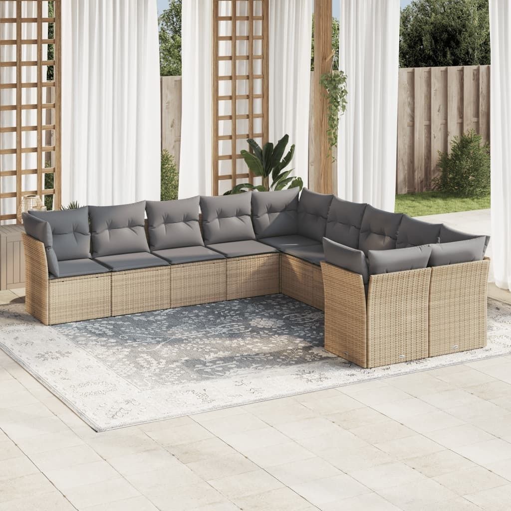 10-tlg. Garten-Sofagarnitur mit Kissen Beige Poly Rattan, Sitzgruppe 3250078