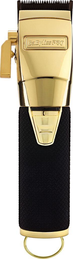 A close-up, studio shot of a gold and black hair trimmer against a white background.