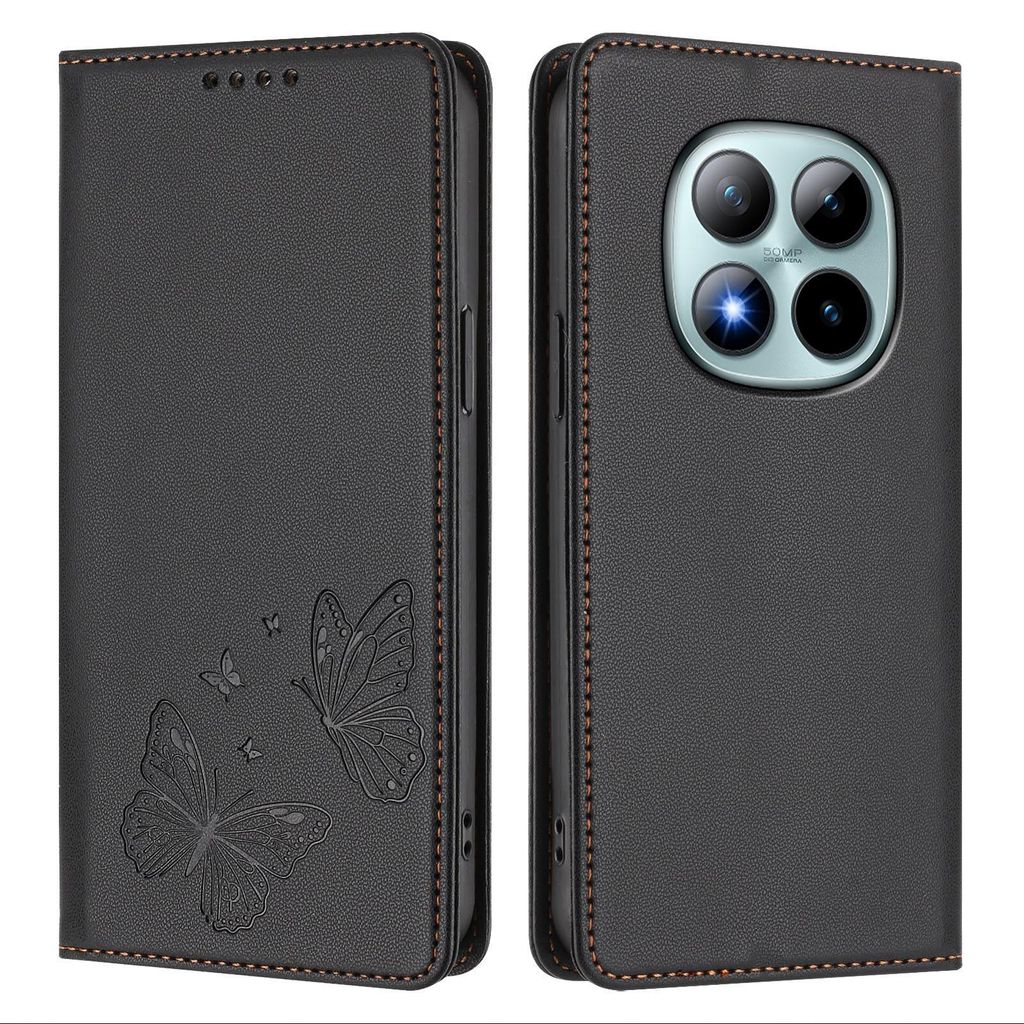 Lederhülle für Xiaomi Redmi Note 15 Pro+, Schmetterling Prägung Leder Brieftasche Schutzhülle mit Ständer Schwarz
