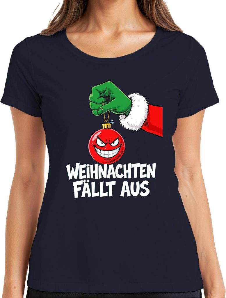 Weihnachten fällt aus böse Weihnachtskugel grüne Hand sarkastisch Damen T-Shirt, Navy, XL