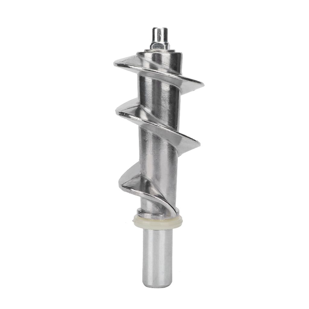 A stainless steel meat grinder screw with a white plastic ring at the bottom, isolated on a white background.