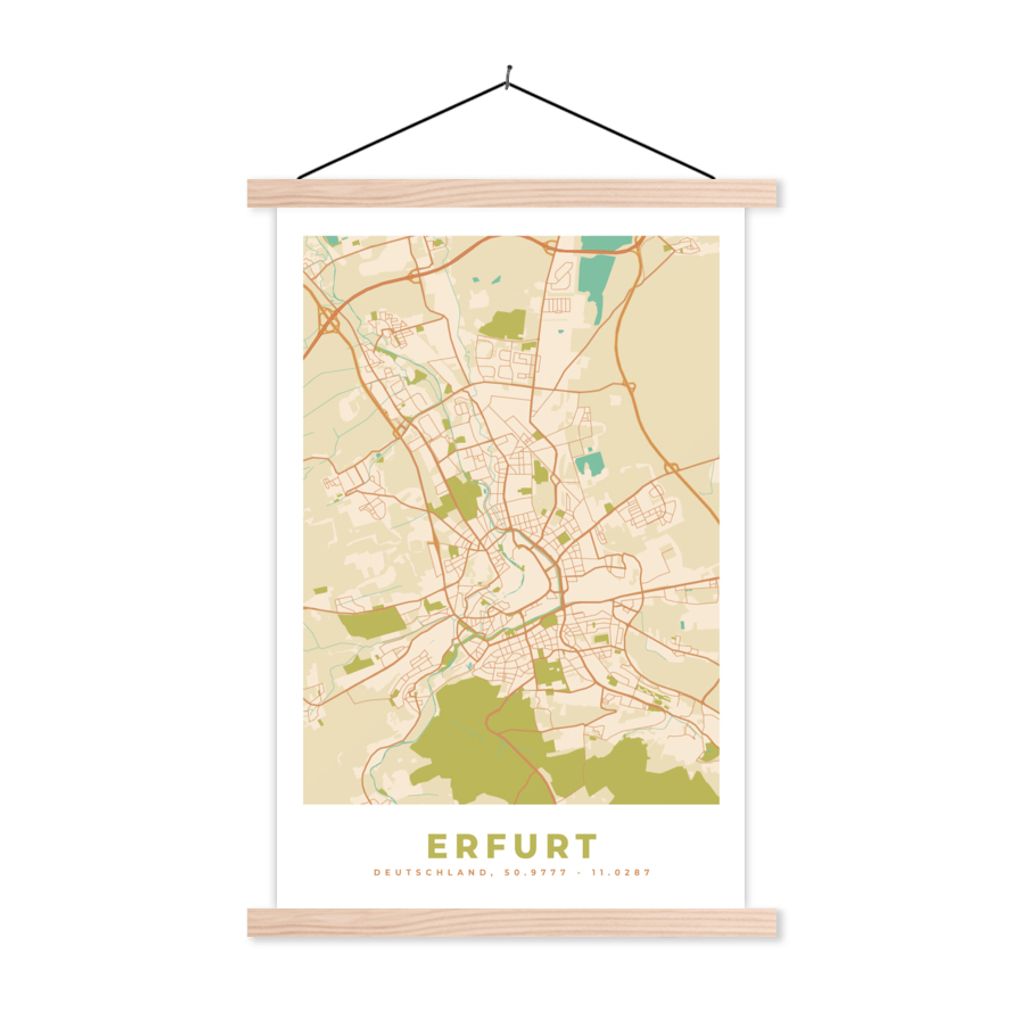 MuchoWow Textilposter Karte - Erfurt - Jahrgang - Karte 120x180 cm mit holzfarbenen Rahmen - Textil-Plakat