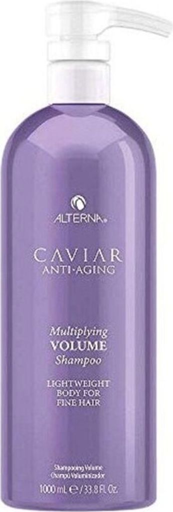 A bottle of Alterna Caviar Anti-Aging Multiplying Volume Shampoo.