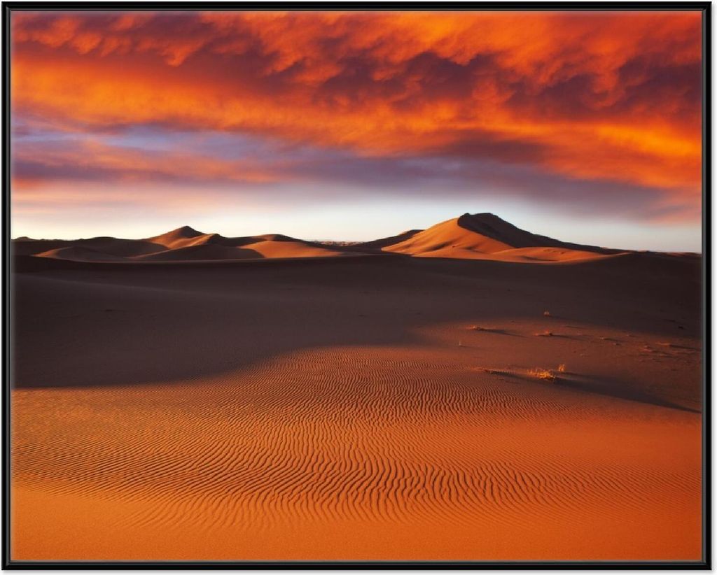 Wallario Wandbild Sahara Wüste II - Sanddünen im Sonnenuntergang, Größe: 40,30 x 50,30 cm, Poster mit schwarzem Aluminiumrahmen