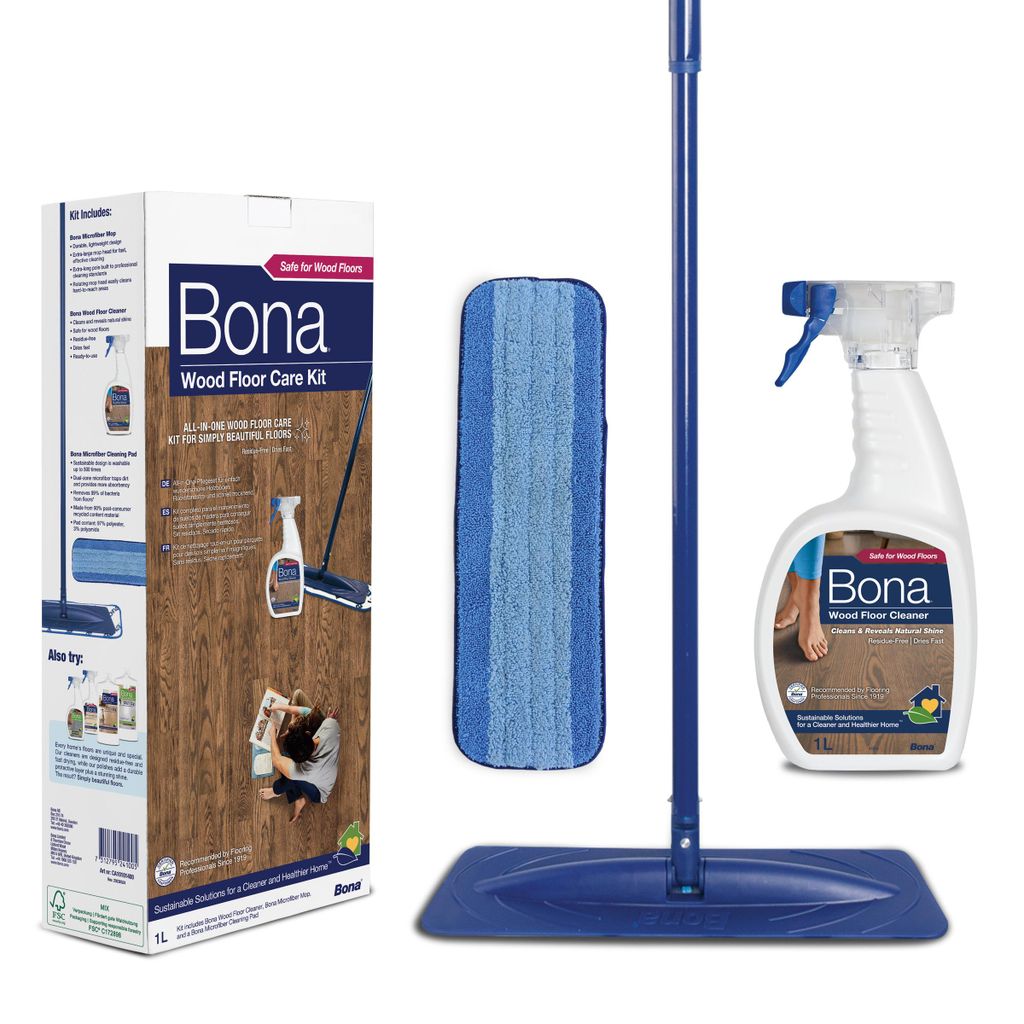 Bona Parkettboden Reiniger Set mit Wischmopp, 1 L Parkettreiniger und Mikrofaser-Pad, Starter-Set für lackierte und gewachste Holzböden