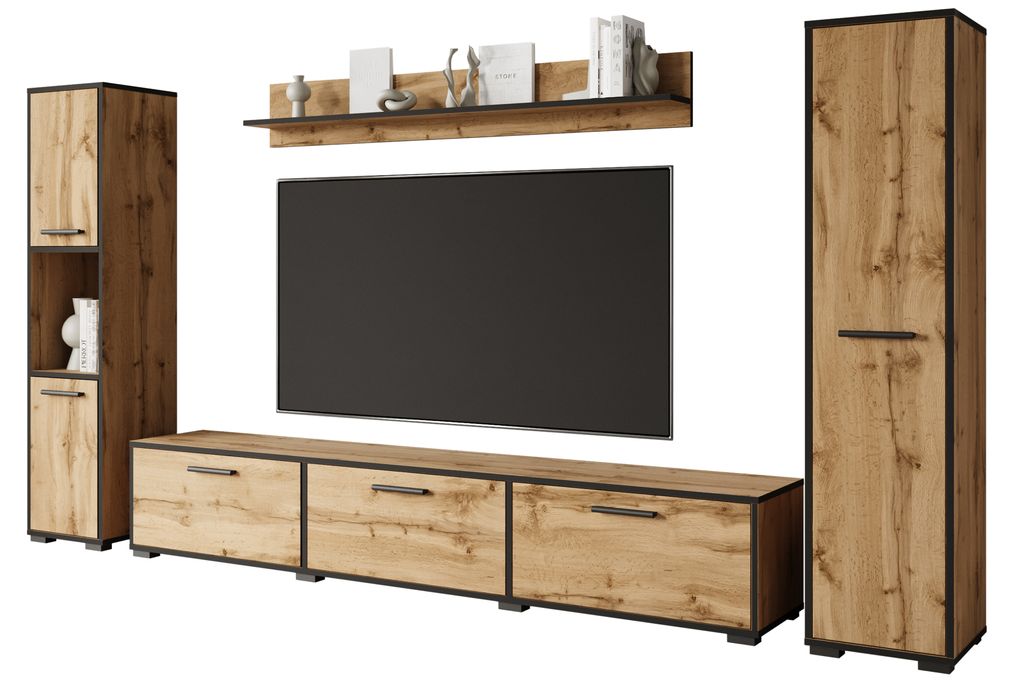 A modular entertainment center with a TV, shelving, and storage units.