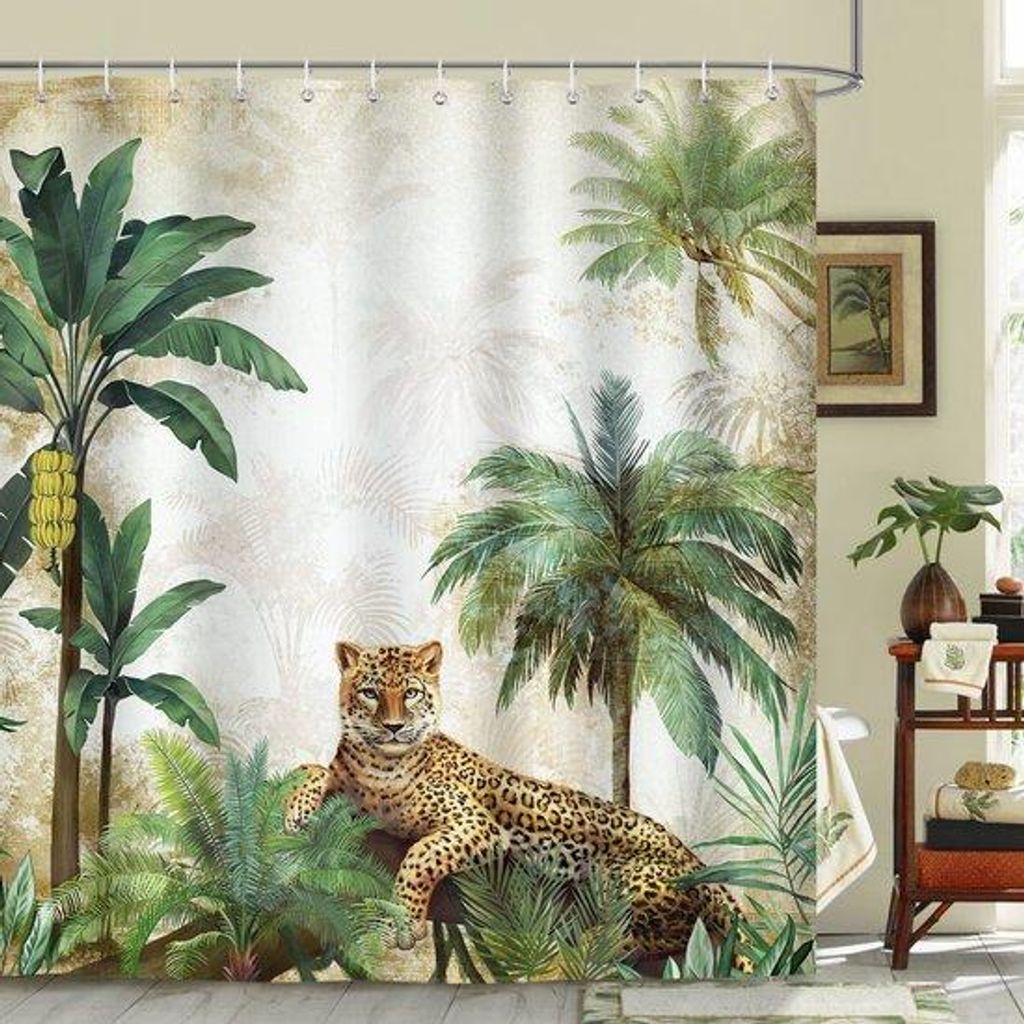 Unyqoos Wasserdichter Duschvorhang mit Leopardenmuster und tropischen Palmen 180x180 cm
