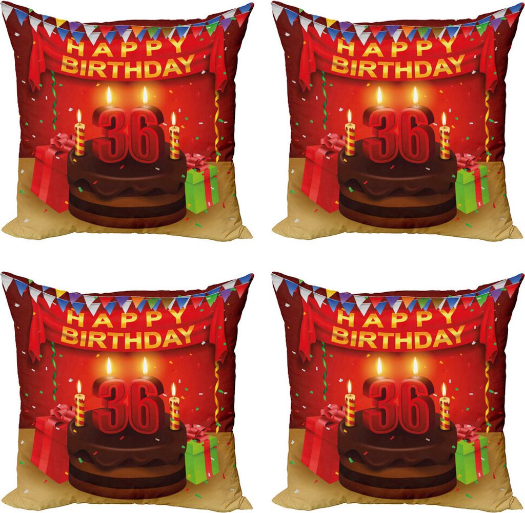 ABAKUHAUS 36. Geburtstag Kissenbezug Set (4 Stück), Kerzen und Geschenke, Moderner Doppelseitiger Digitaldruck, 45 cm x 45 cm, Rote und Burgund
