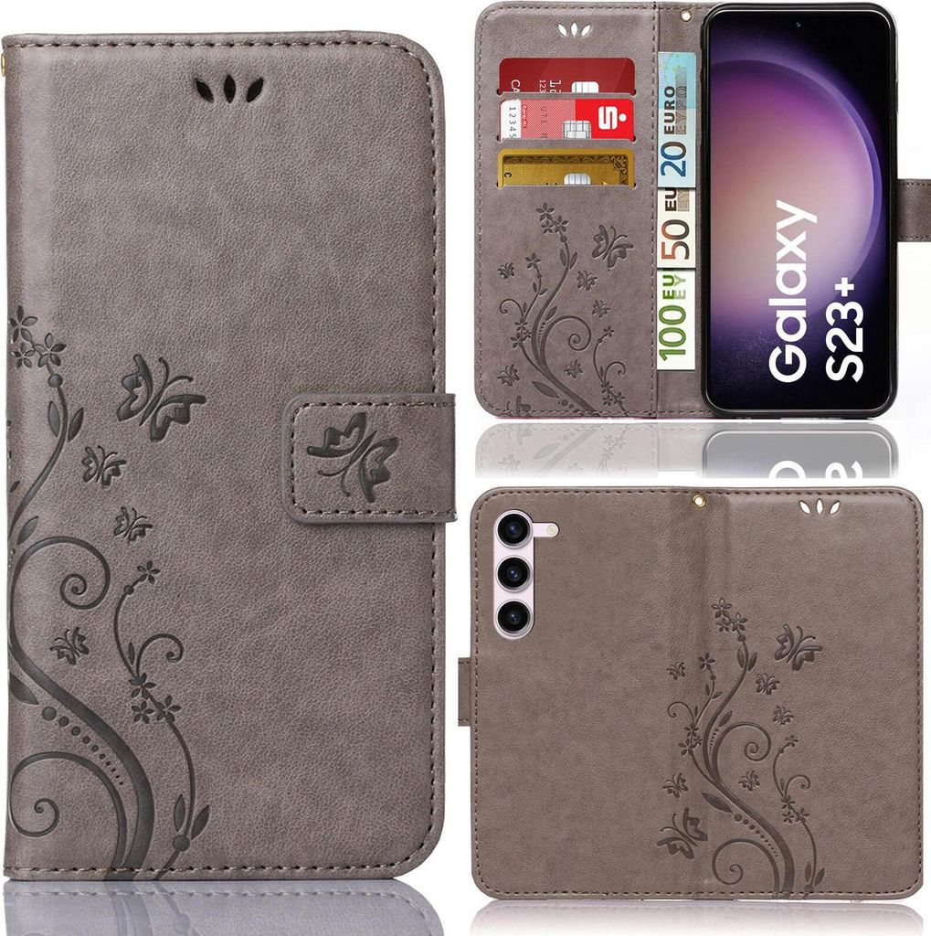 Collage of images showing a grey flip phone case with a floral pattern, a phone inserted into the case, and cards and currency in the card slots.