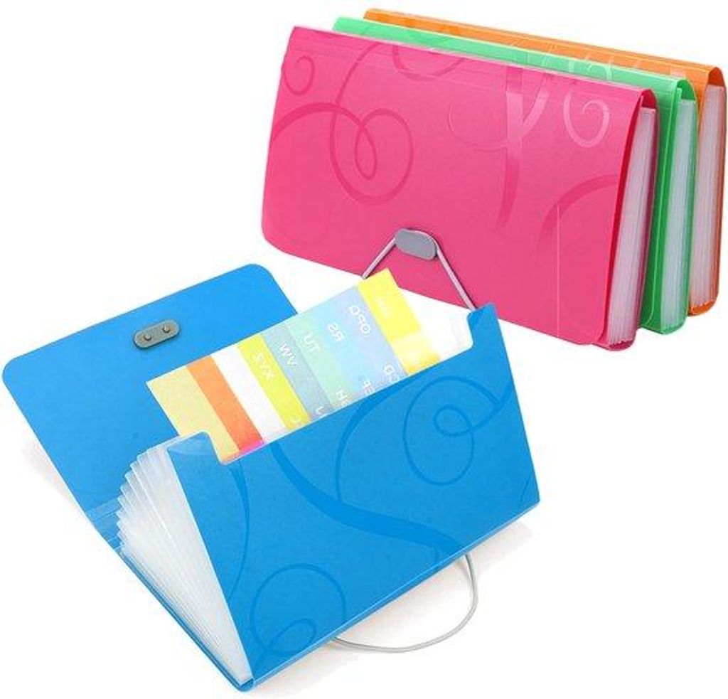 Kleine 13-teilige Aktenmap, A6, grün, blau, rosa, orangefarben, faltenreich