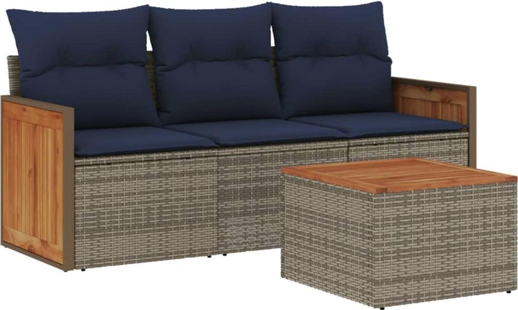 4-teiliges Gartensofa-Set mit Kissen, grau, Polyrattan