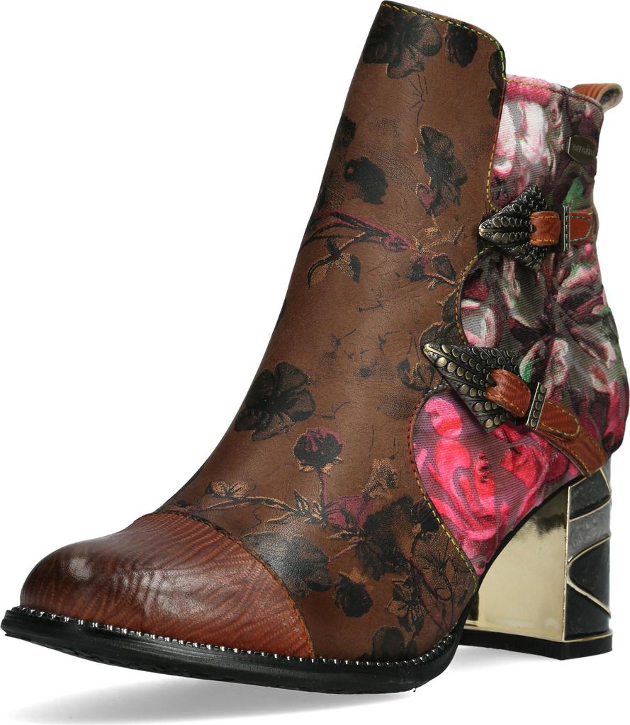 Laura Vita Damen Stiefelette Blumenmuster Cap Toe und zwei Schnallen Marbreo 04, Größe:38 EU, Farbe:Braun