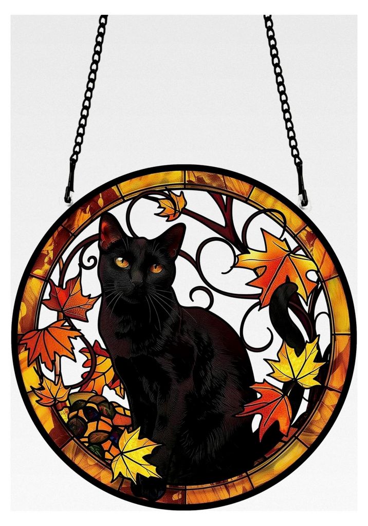 Sonnenfänger Schwarze Katze aus Acryl mit Ahornblättern für Fenster und Wanddekoration