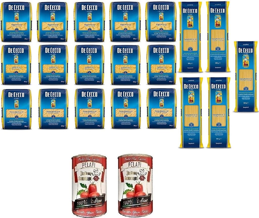 TESTPAKET De Cecco italienisch Pasta ( 20 x 500g ) 4 Arten von Nudeln Penne Rigate - Fusilli - Spaghetti - Rigatoni + Italian Gourmet 100% italieni...