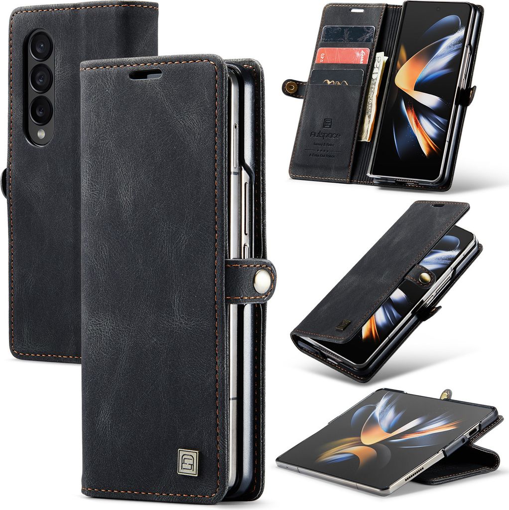 Samsung Z Fold4 Brieftasche Hülle, Retro Kunstledertasche Stand Schutzhülle für Samsung Galaxy Z Fold 4 5G Schwarz