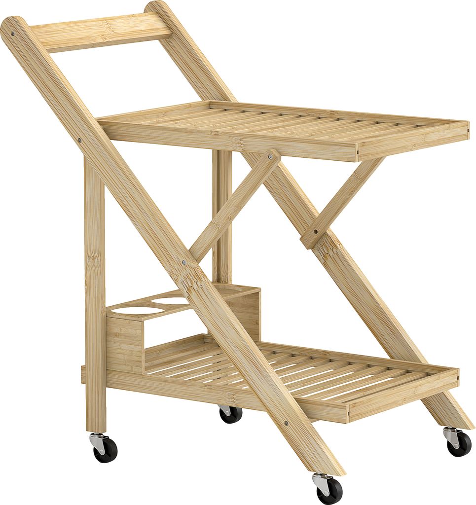 Küchenwagen Servierwagen mit Weinregal, Arbeitsplatte, 2 Ebenen, Rollwagen für Büro, Küche, Wohnzimmer, 66 x 40 x 70 cm, Bambus, Natur,