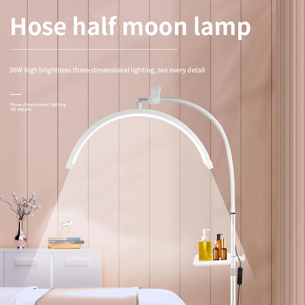 Lampe LED 36W design demi-lune avec plateau intégré et pied de sol blanc