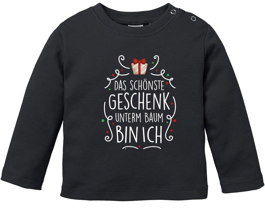 Baby Langarmshirt mit Spruch Weihnachten Das schönste Geschenk unterm Baum bin ich Babyshirt Jungen Mädchen Moonworks schwarz 56/62 (1-3 Monate)