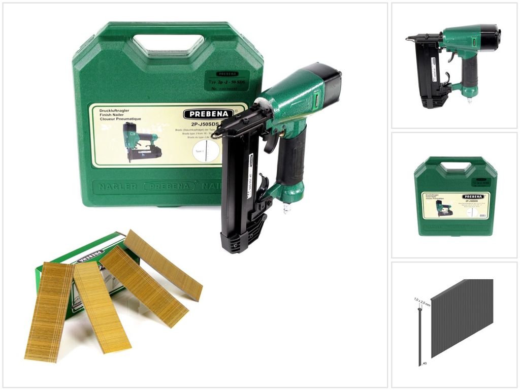 Prebena 2P-J50SDS Luftdruck Druckluftnagler 5-7 bar im Transportkoffer + Prebena Stauchkopfnägel Brads 40 mm 5000 Stück - aus verzinktem Stahl, g...