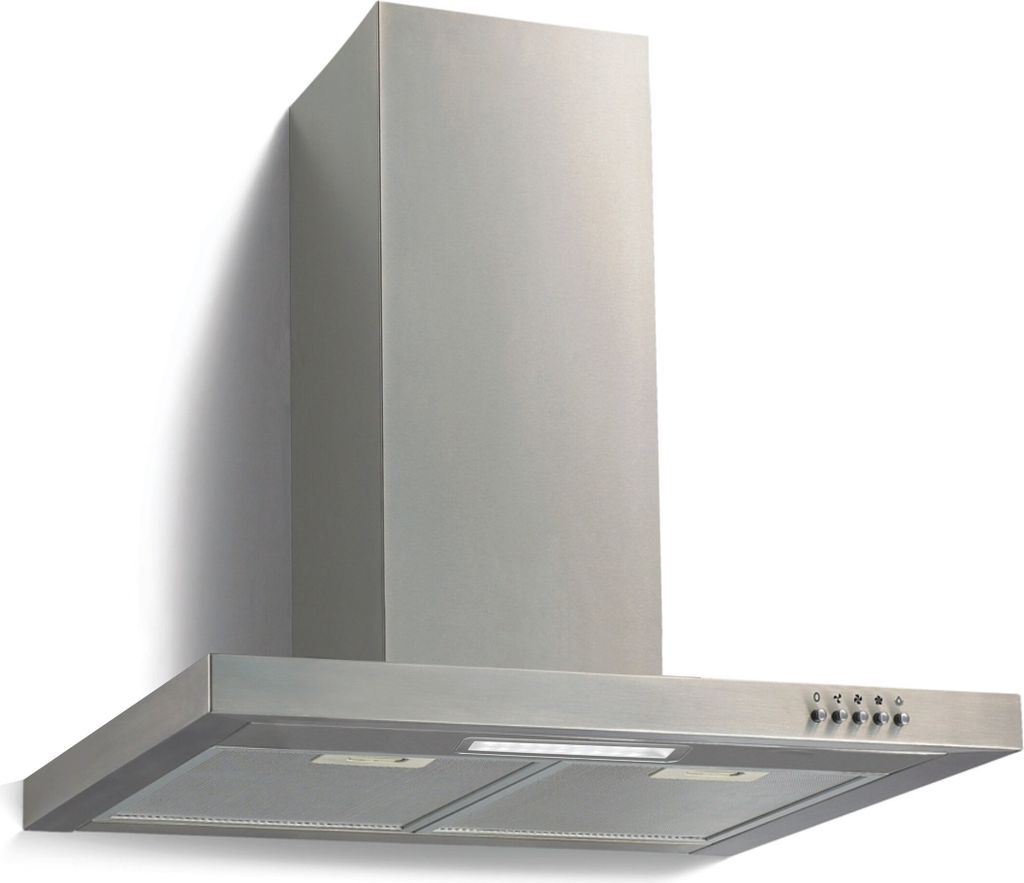 A stainless steel range hood mounted against a white wall.