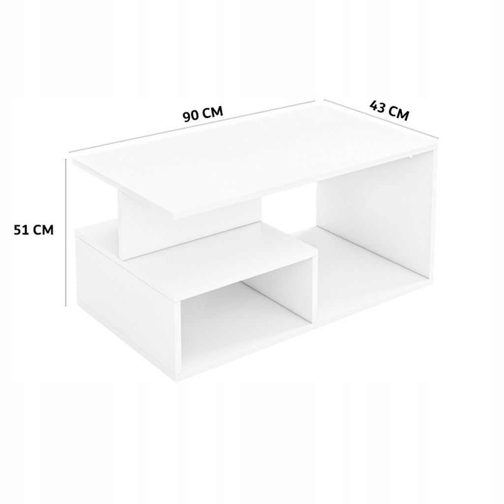 A white coffee table with dimensions indicated by text overlays.