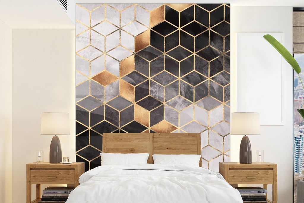 MuchoWow Fototapete für Wohnzimmer oder Schlafzimmer Wandtapete Vinyl Motivtapete Abstrakt - Würfel - Gold - Muster - Schwarz - Weiß - 195x260...