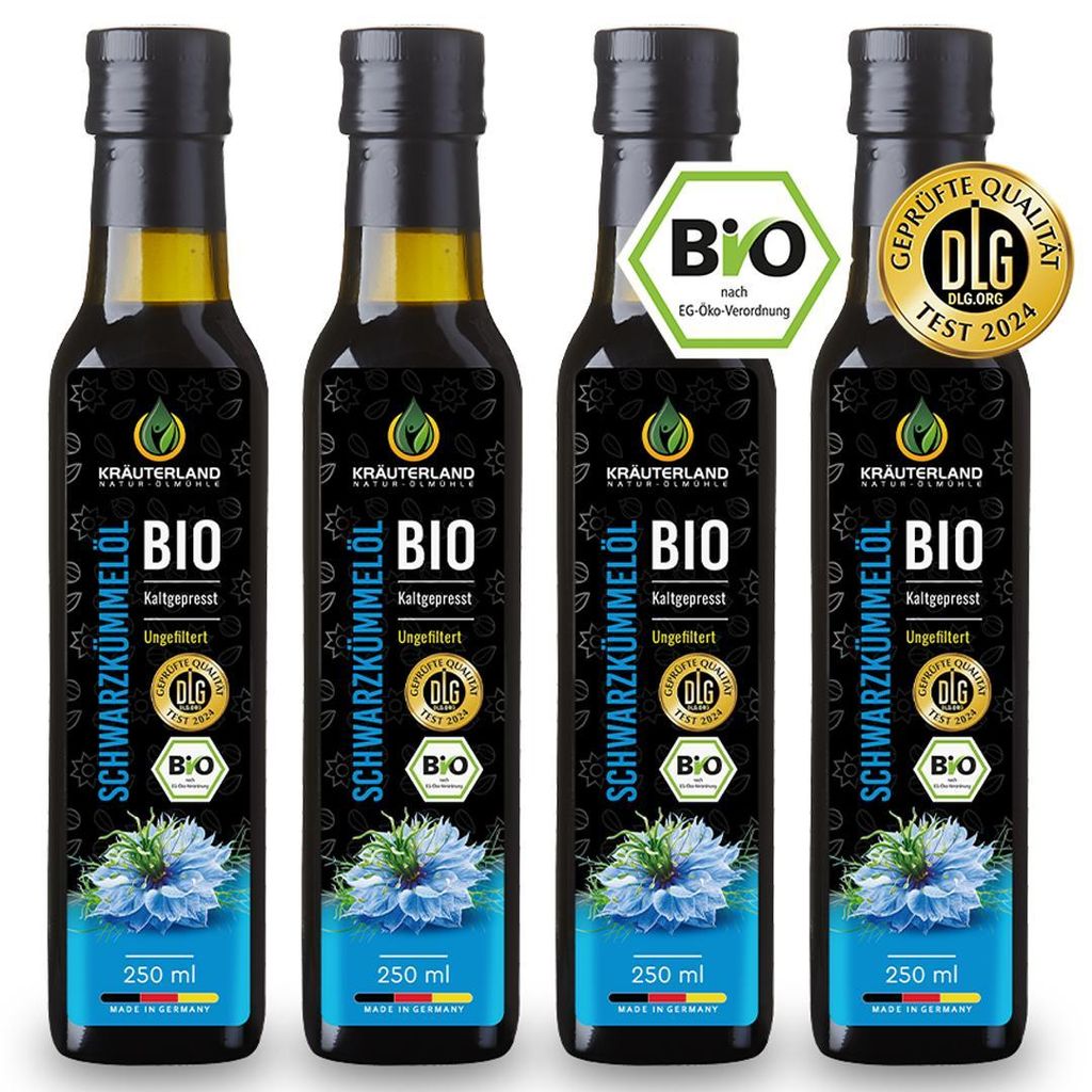 Kräuterland Premium Schwarzkümmelöl, 4x 250ml ungefiltert, Produktbild 
